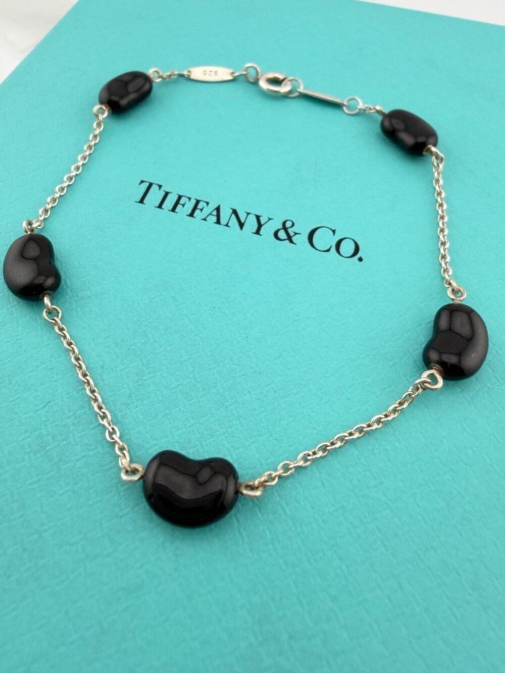 Tiffany & Co. Elsa Peretti 5 Black Jade Bean Bracelet Sterling Silver 7.25in